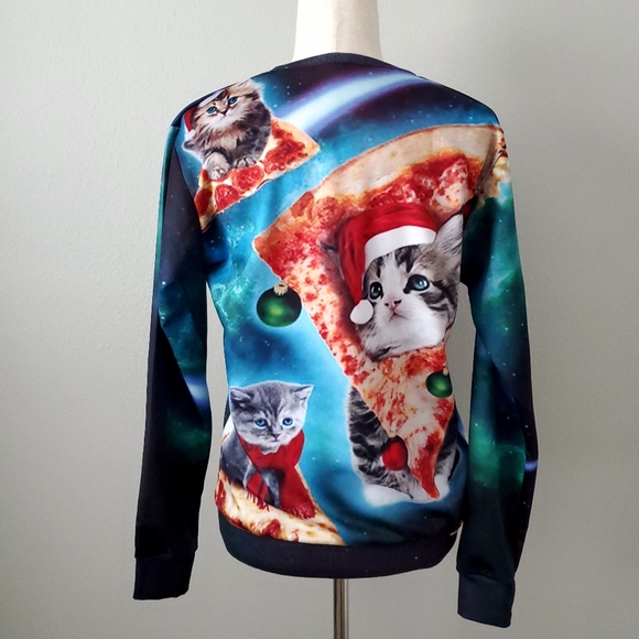 Cats & Pizza Blue Christmas Holiday Sweatshirt, Size Medium/ Large - Picture 4 of 12